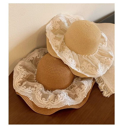 Lace Panel Straw Sun Hat
