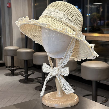 Lace Trim Perforated Knit Sun Hat