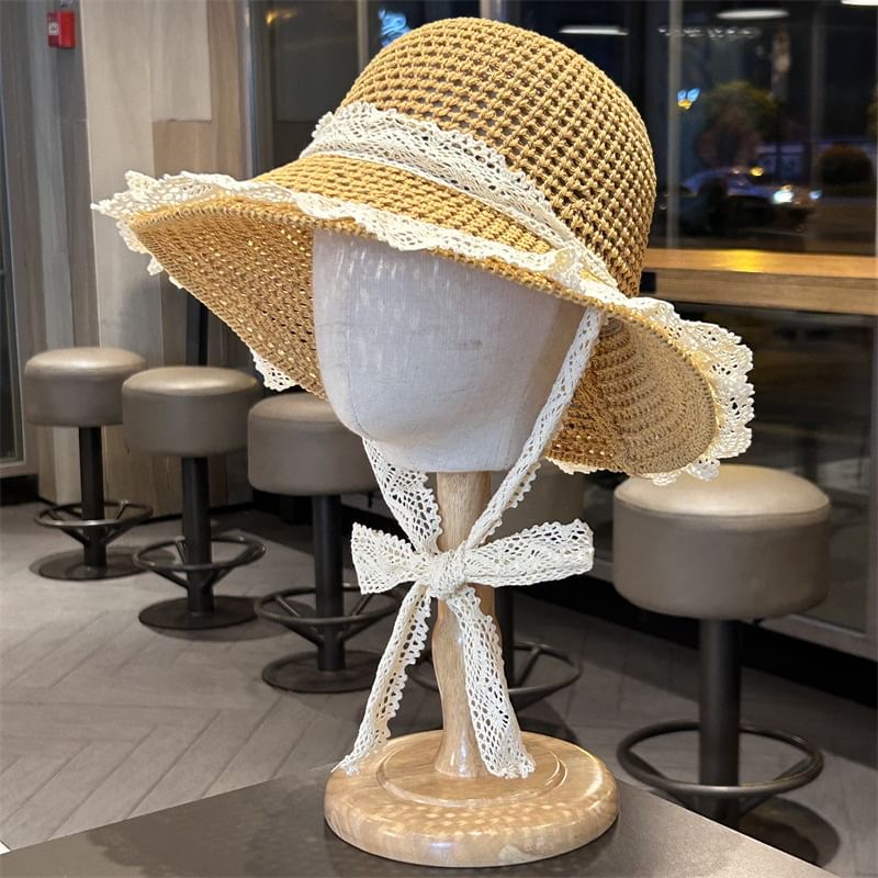 Lace Trim Perforated Knit Sun Hat