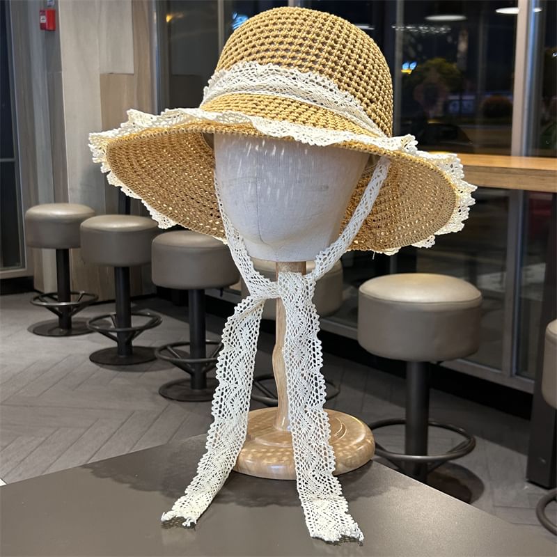 Lace Trim Perforated Knit Sun Hat