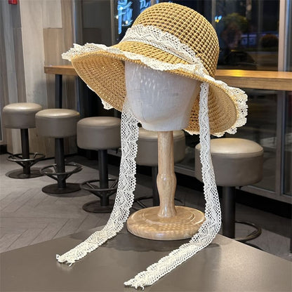 Lace Trim Perforated Knit Sun Hat