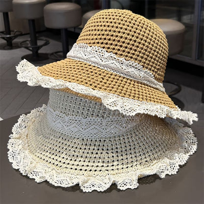 Lace Trim Perforated Knit Sun Hat