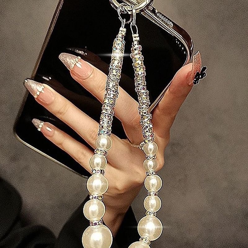 Phone with Pad Faux Strap Rhinestone Lanyard Pearl