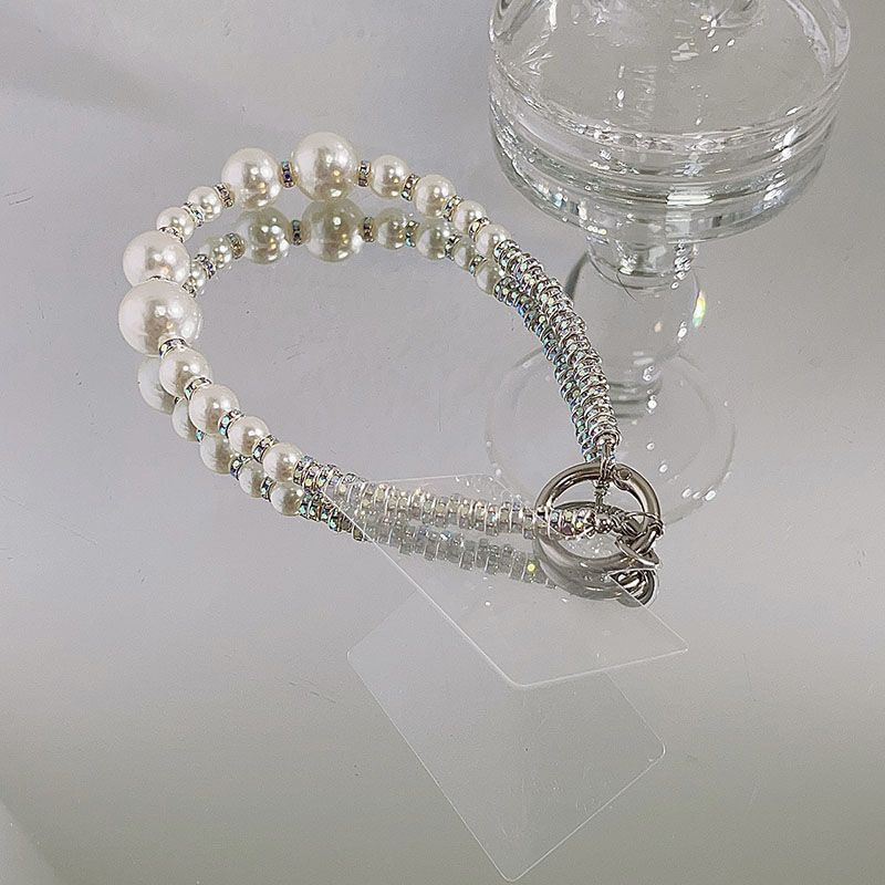 Phone with Pad Faux Strap Rhinestone Lanyard Pearl