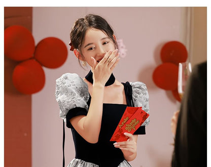 Neck Short-Sleeve A-Line Gown Evening Square Lace