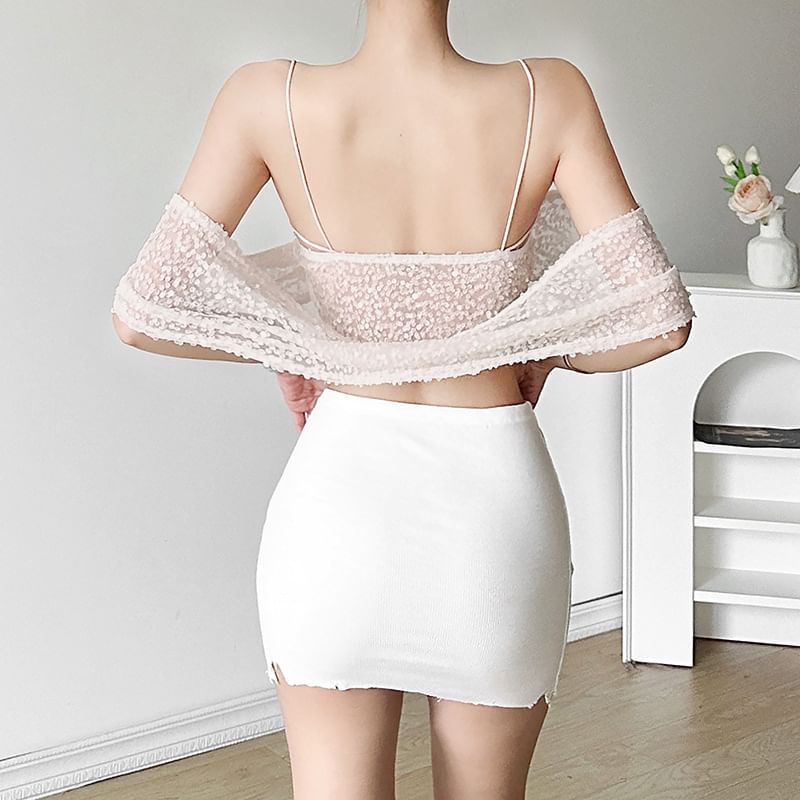 Plain Sequin Hooded Mesh Bustier Top