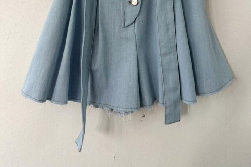 Jupe trapèze mini taille haute en denim délavé