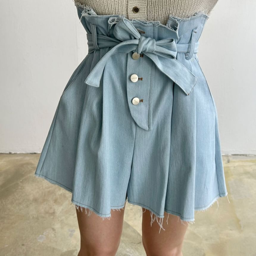 Jupe trapèze mini taille haute en denim délavé