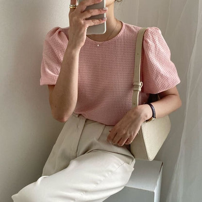 Haut gaufré uni à manches courtes et col rond