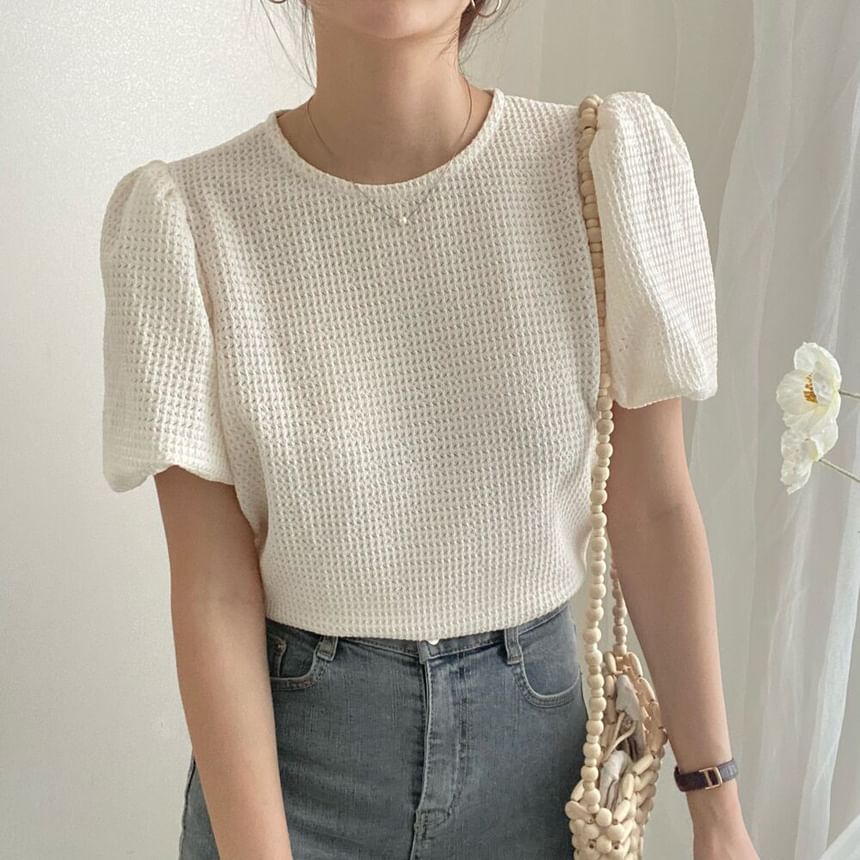 Short-Sleeve Round Neck Plain Waffle Top