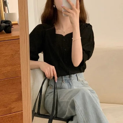 Kurzärmlige Bluse mit eckigem Ausschnitt und Unifarben