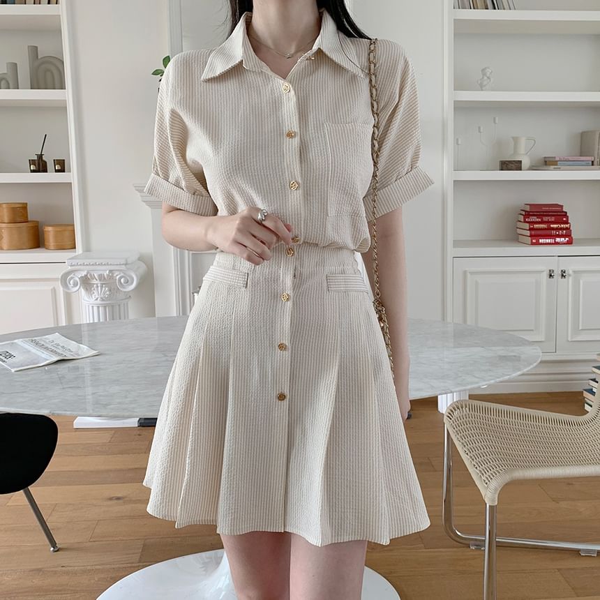 Short-Sleeve Collared Pinstriped Mini Shirt Dress