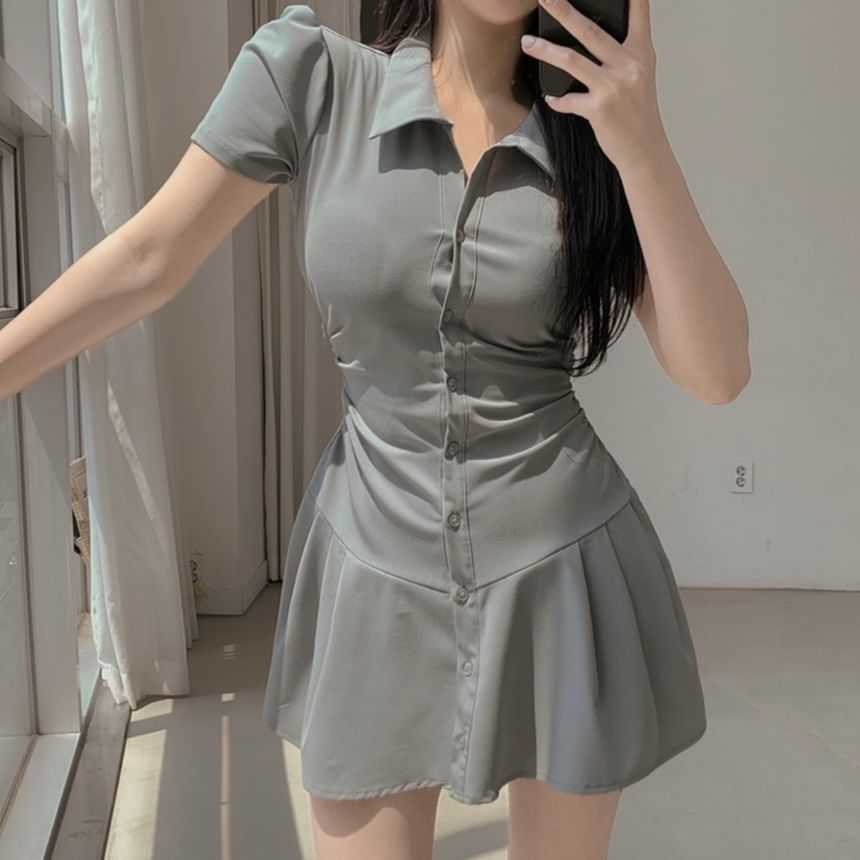 Short-Sleeve Collared Plain Mini Shirt Dress