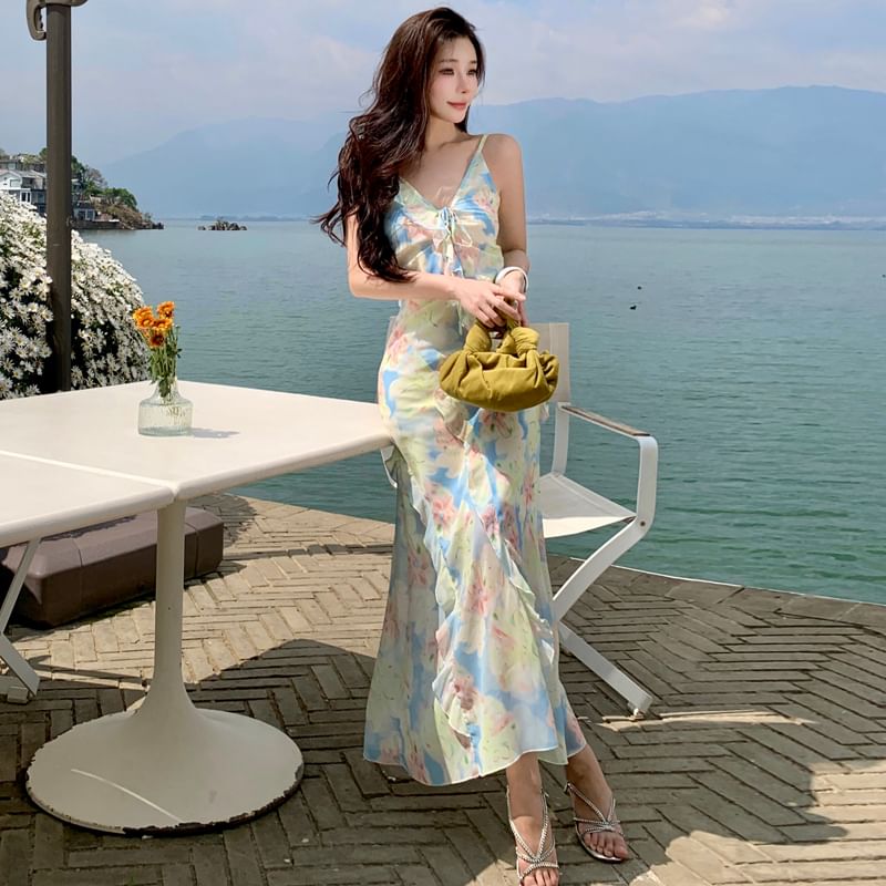 Spaghetti Strap Floral Ruffle Trim Maxi Sheath Dress