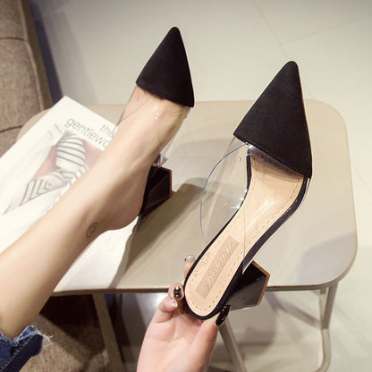 Pointed Toe Panel Transparent Block Heel Mules