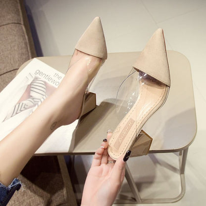 Pointed Toe Panel Transparent Block Heel Mules