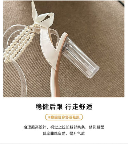 Platform Faux Pearl Ankle Strap Tie-Up Block Heel Sandals