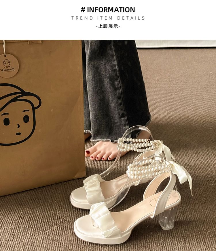 Platform Faux Pearl Ankle Strap Tie-Up Block Heel Sandals