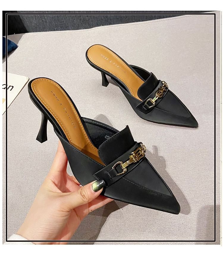 Pointed Toe Horsebit High Heel Mules