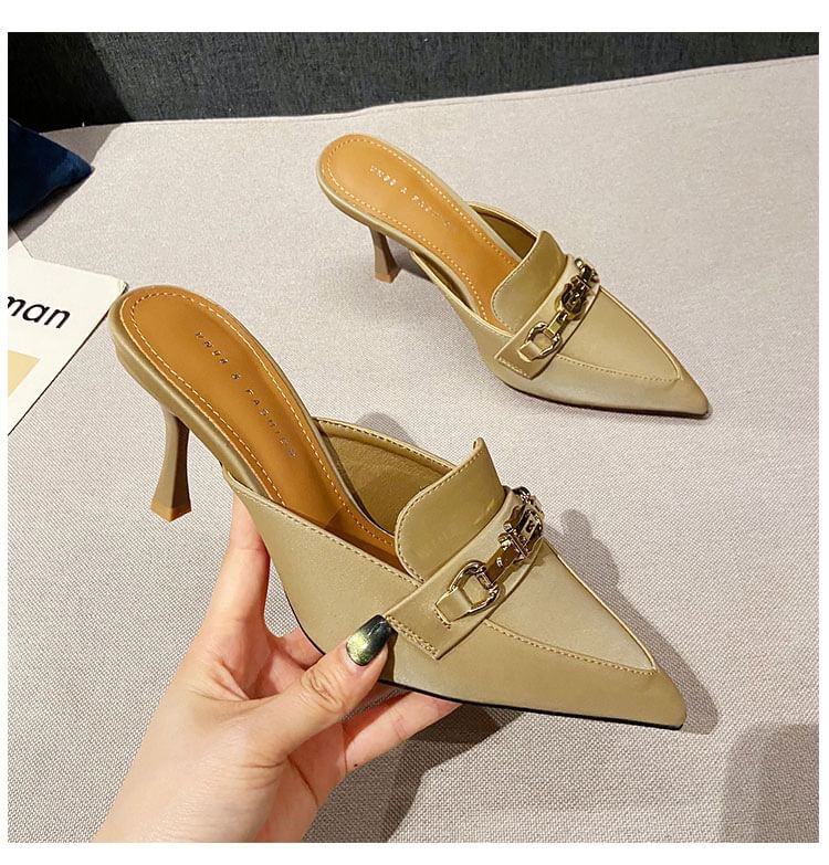Pointed Toe Horsebit High Heel Mules