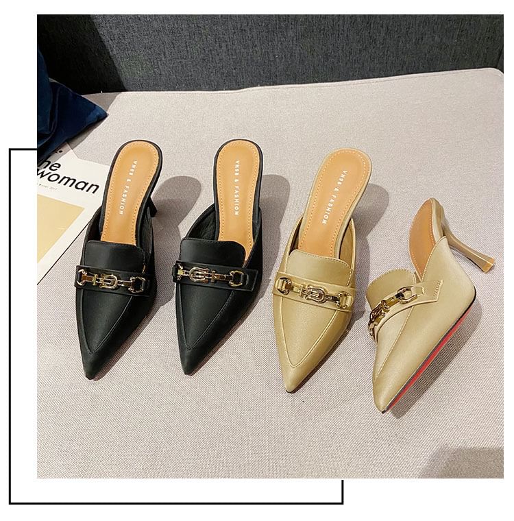 Pointed Toe Horsebit High Heel Mules