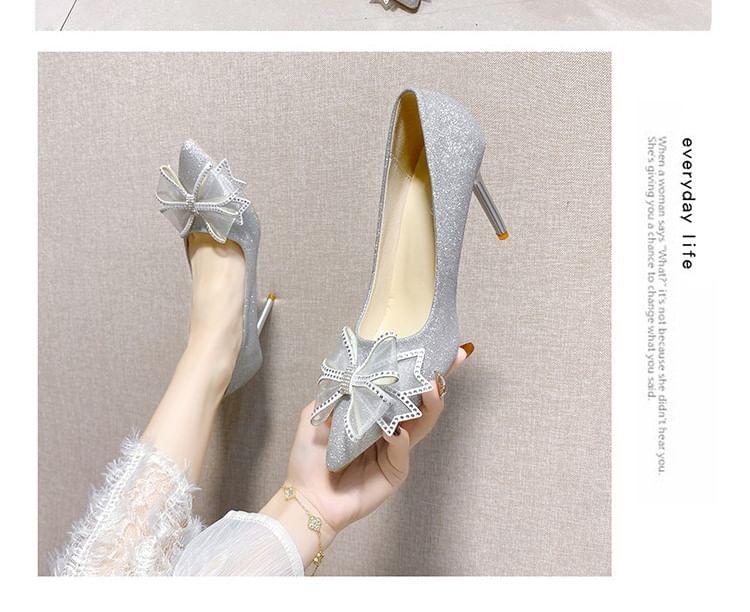 Pointed Toe Rhinestone Bow Glitter Stiletto Pumps