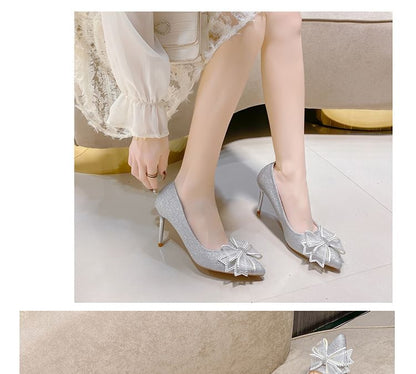 Pointed Toe Rhinestone Bow Glitter Stiletto Pumps