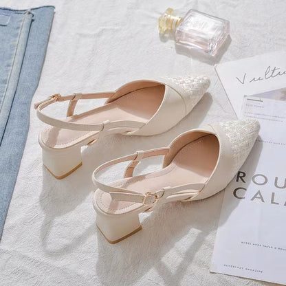 Pointed Toe Slingback Panel Tweed Block Heel Pumps