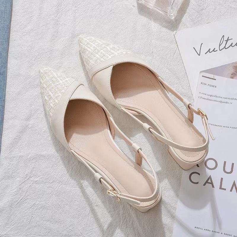 Pointed Toe Slingback Panel Tweed Block Heel Pumps