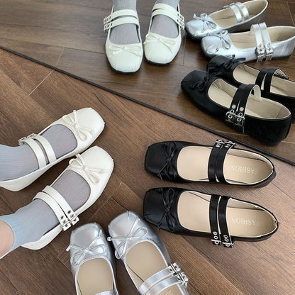 Square Toe Plain Bow Accent Faux Leather Mary Jane Flats