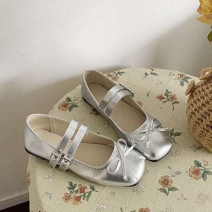 Square Toe Plain Bow Accent Faux Leather Mary Jane Flats