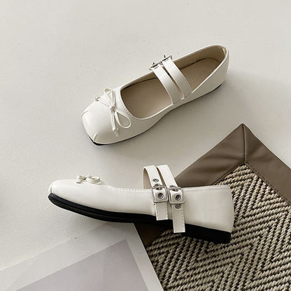Square Toe Plain Bow Accent Faux Leather Mary Jane Flats