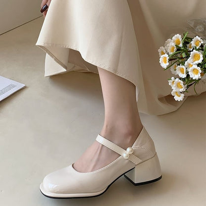 Block Heel Faux Pearl Mary Jane Pumps