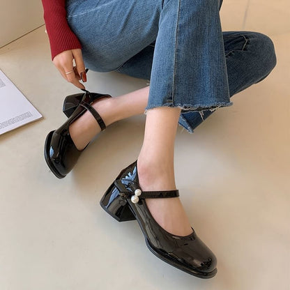 Block Heel Faux Pearl Mary Jane Pumps