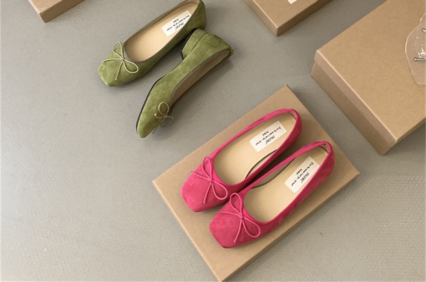 Square Toe Bow Faux Suede Flats