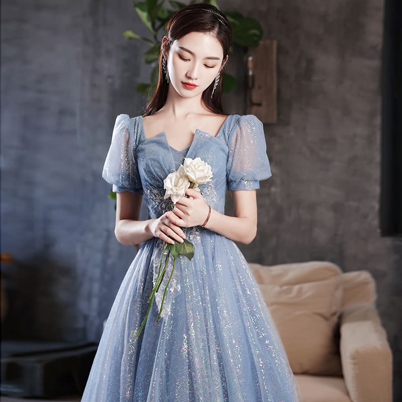 Evening Glitter Square Gown A-Line Short-Sleeve Neck