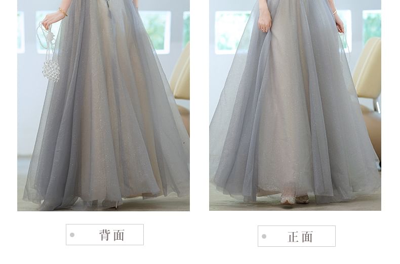 V-Neck (Various A-Line Designs) Gown Glitter Short-Sleeve Evening