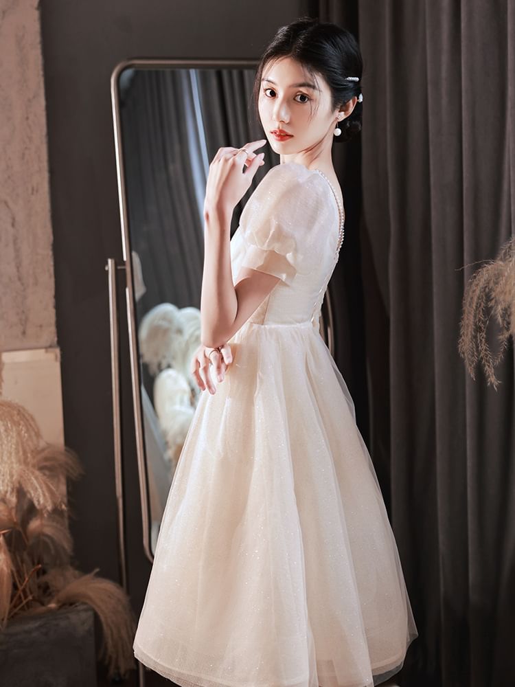 Dress Short-Sleeve Evening / Gown Glitter A-Line V-Neck Party