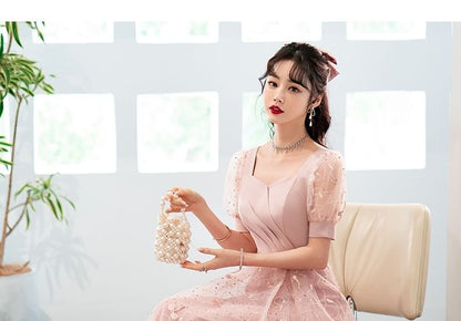 Evening Designs) Square A-Line (Various Gown Neck Glitter Short-Sleeve