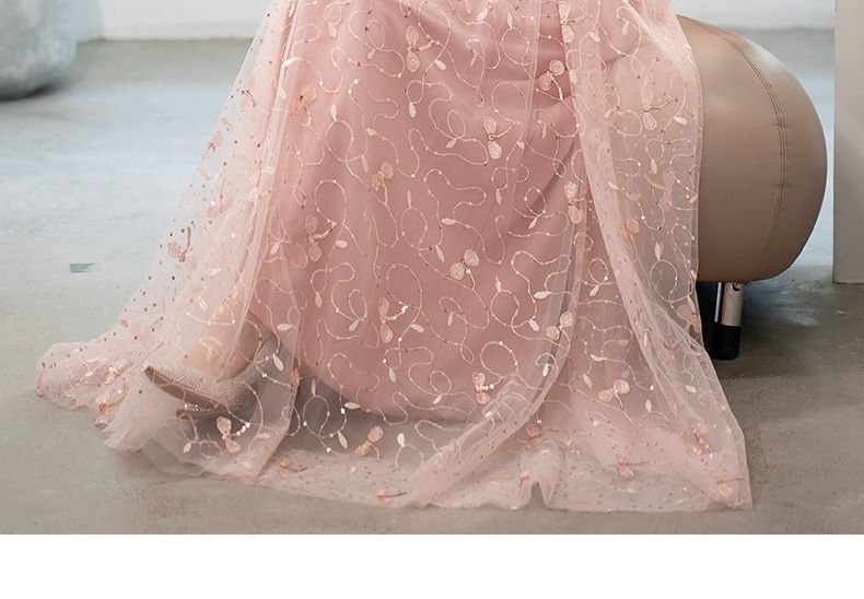 Evening Designs) Square A-Line (Various Gown Neck Glitter Short-Sleeve