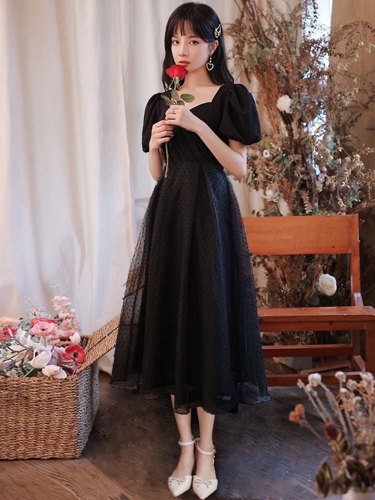 Neck Square (Various A-Line Short-Sleeve Designs) Glitter Evening Gown