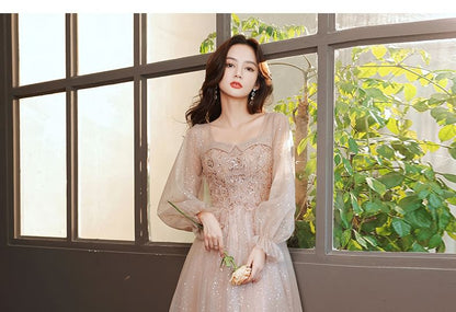 Designs) Glitter A-Line Evening (Various V-Neck Long-Sleeve Gown
