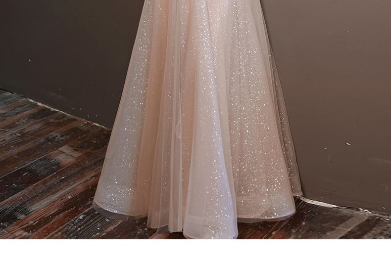 Designs) Glitter A-Line Evening (Various V-Neck Long-Sleeve Gown