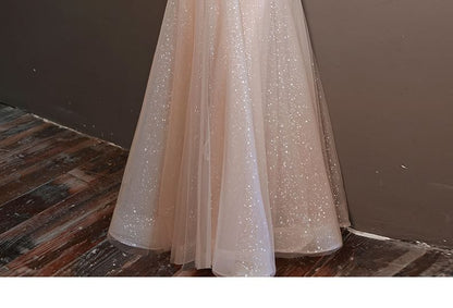 Designs) Glitter A-Line Evening (Various V-Neck Long-Sleeve Gown