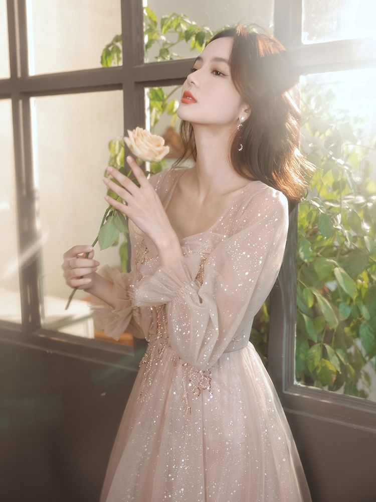 Designs) Glitter A-Line Evening (Various V-Neck Long-Sleeve Gown
