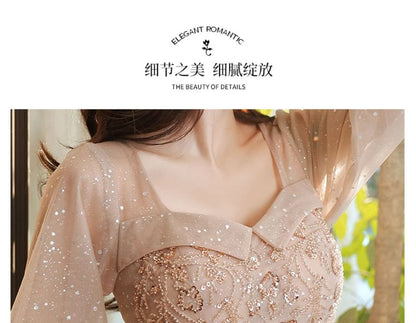 Designs) Glitter A-Line Evening (Various V-Neck Long-Sleeve Gown