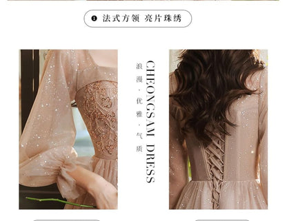 Designs) Glitter A-Line Evening (Various V-Neck Long-Sleeve Gown