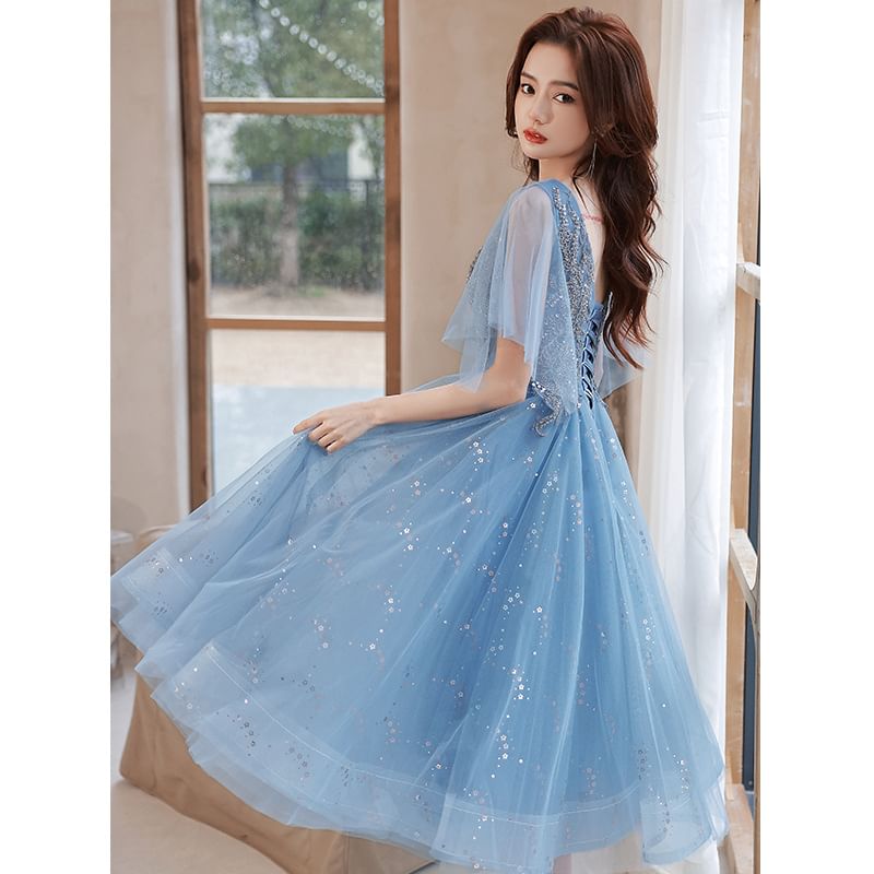 V-Neck (Various Short-Sleeve Gown Evening Designs) Glitter A-Line