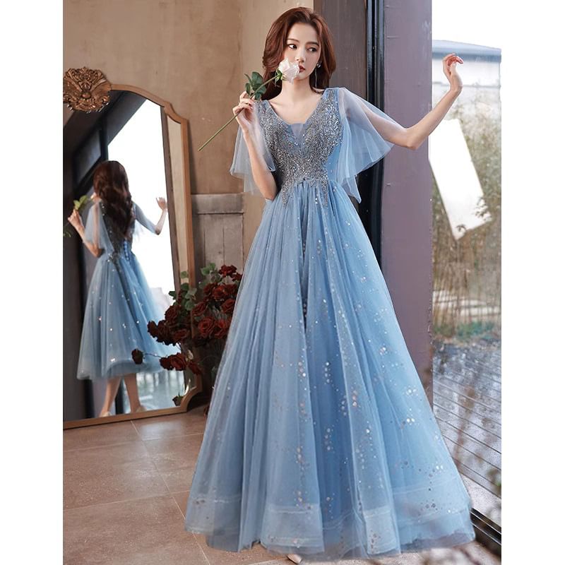 V-Neck (Various Short-Sleeve Gown Evening Designs) Glitter A-Line