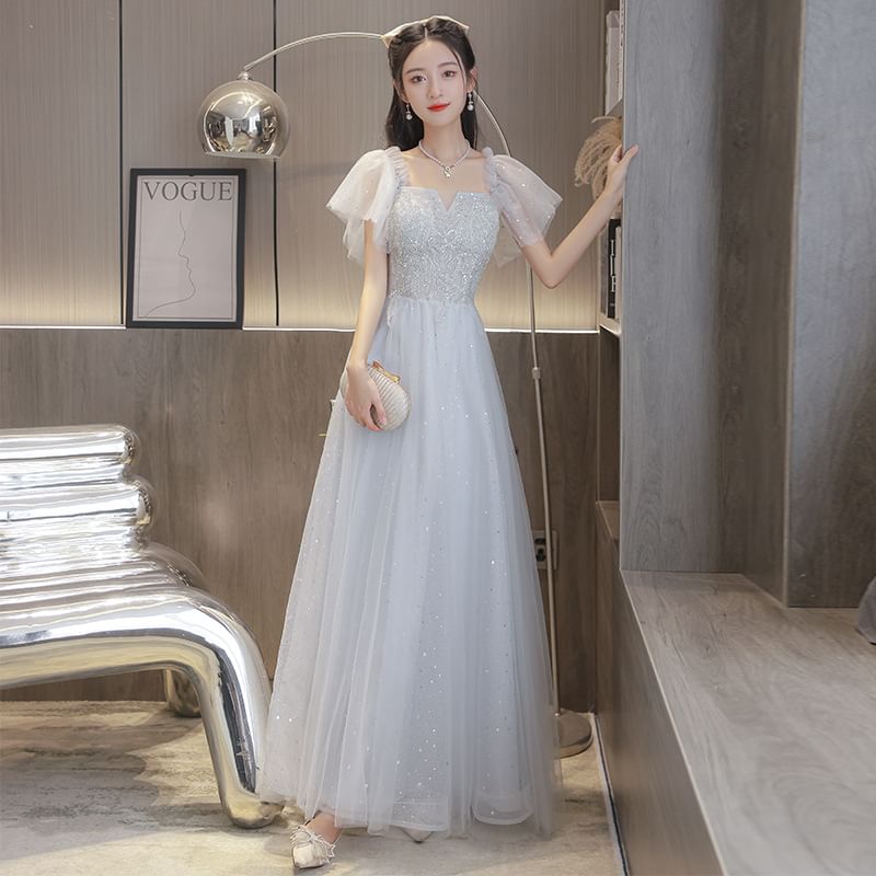 Gown A-Line Square Neck Plain (Various Designs) Short-Sleeve Evening